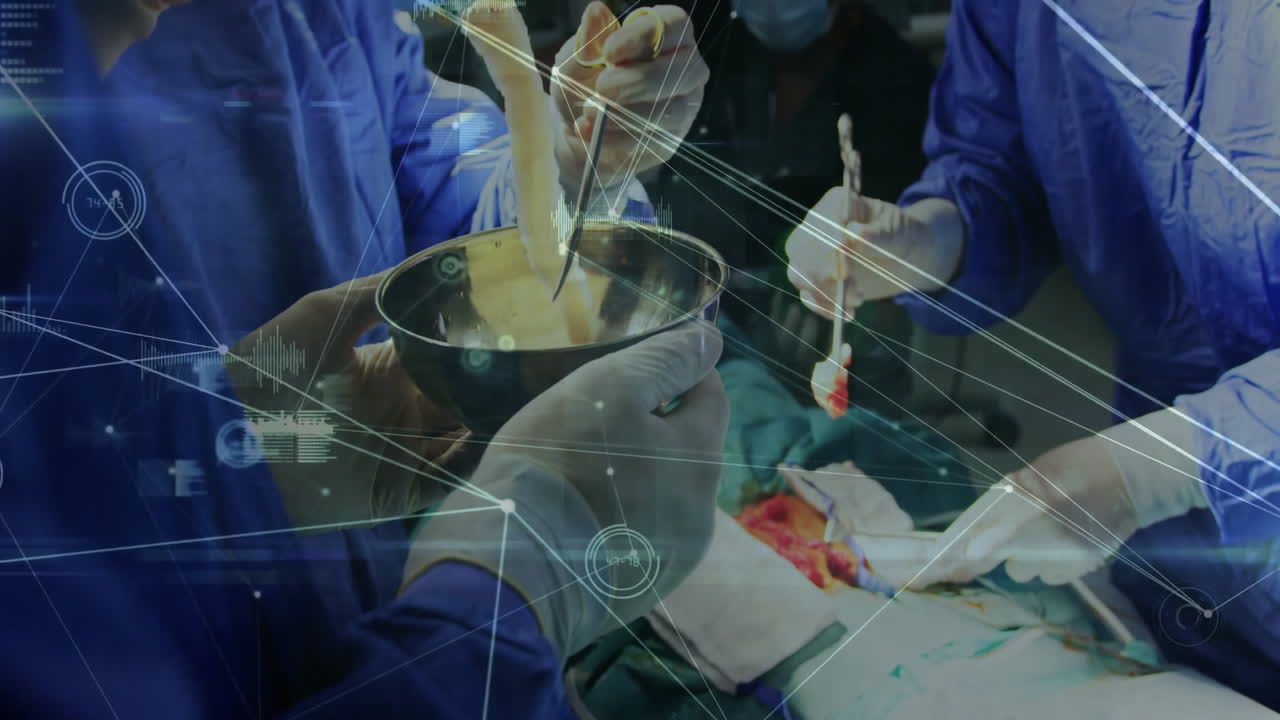 Medical procedure with surgical tools and data processing animation over surgeons
