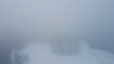 High-aerial-of-trees-in-snow-covered-park-in-a-thick-mist