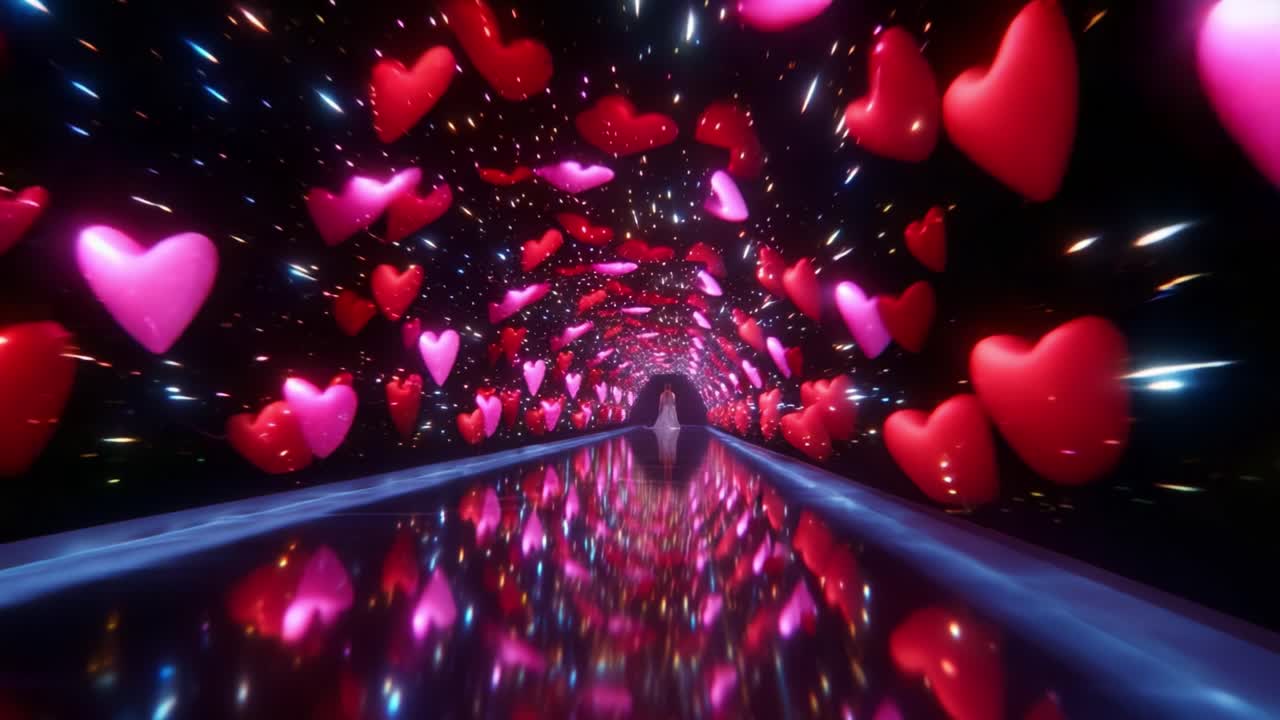 A Stunning Visual Journey Through a Dreamy Tunnel of Floating Hearts, Sparkling Stars, and Reflective Surfaces, Perfectly Captured in an Enchanting and Romantic Setting That Evokes Feelings of Love and Wonder