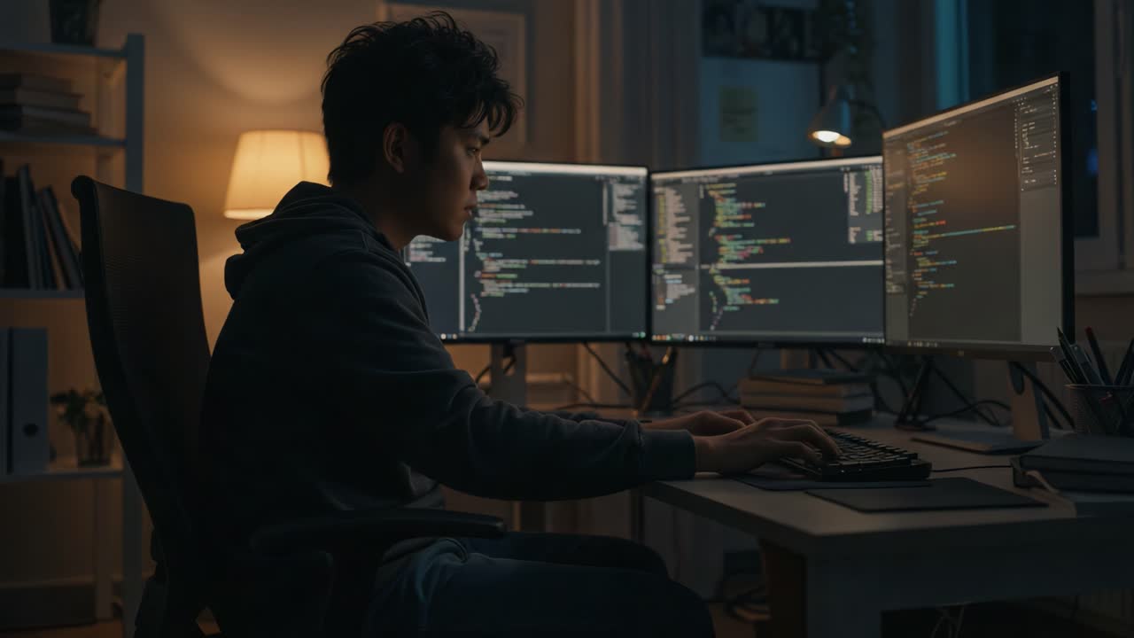 A Young Developer Working Late at Night on Multiple Monitors, Engaged in Coding Activities, Illuminated by the Warm Glow of a Desk Lamp