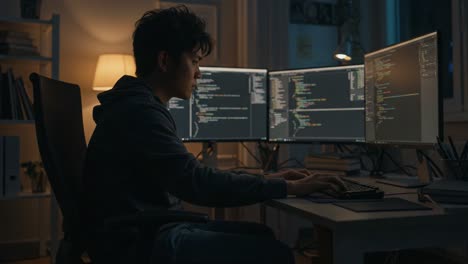a young developer working late at night on multiple monitors, engaged in coding activities, illuminated by the warm glow of a desk lamp
