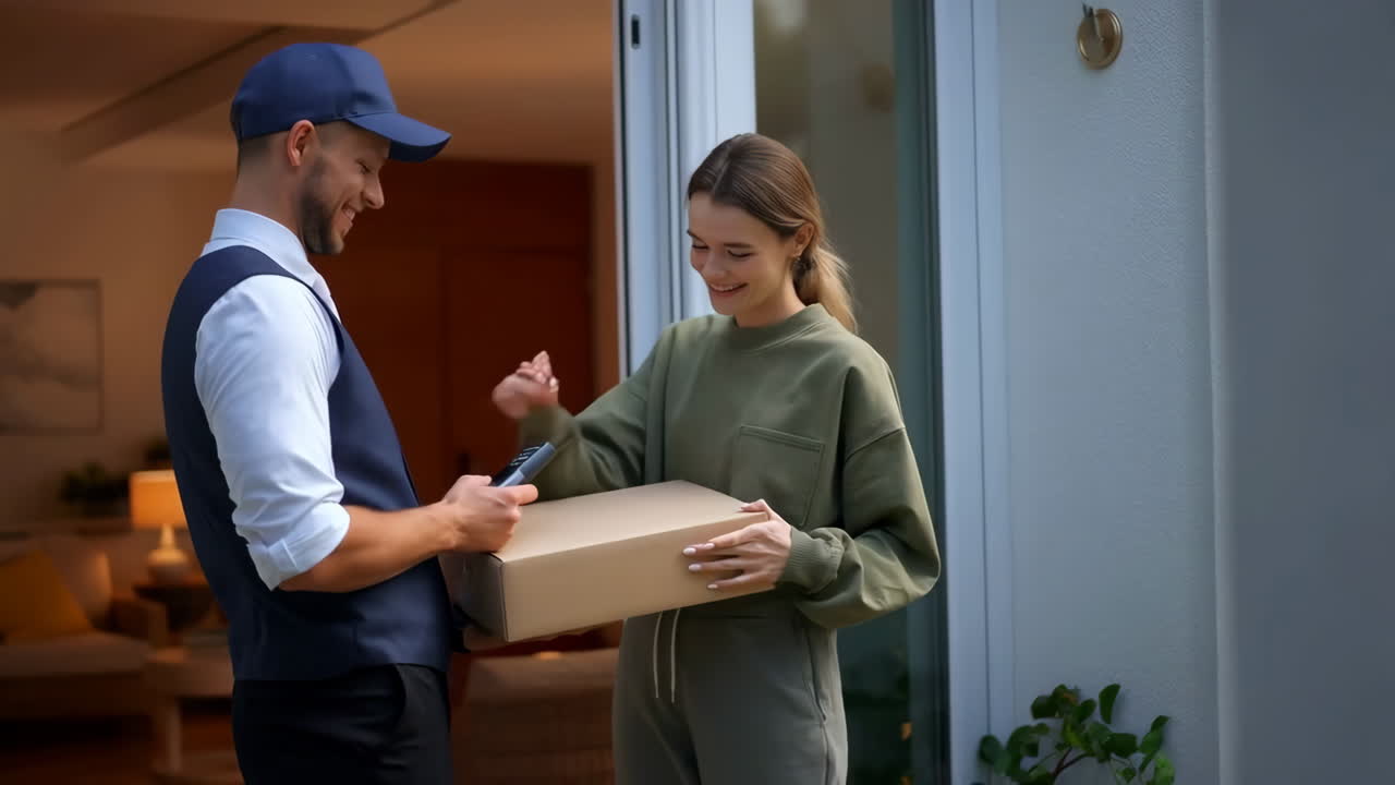Delivery Person Hands Package to Happy Customer at Home