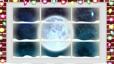 digital animation of fairy lights on window frame against shooting star and moon in night sky