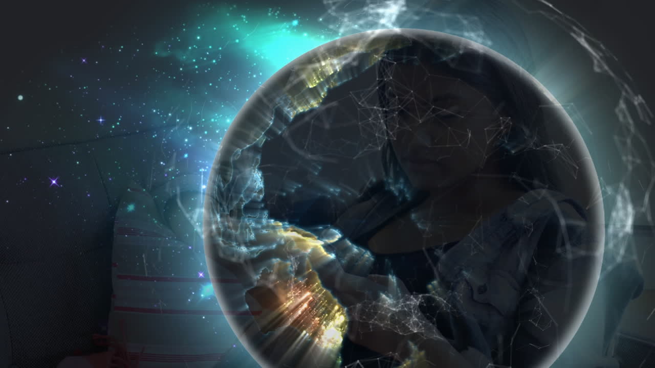 인간 실루 ⁇ 과 함께 해군 배경 위에 연결과 지구의 애니메이션