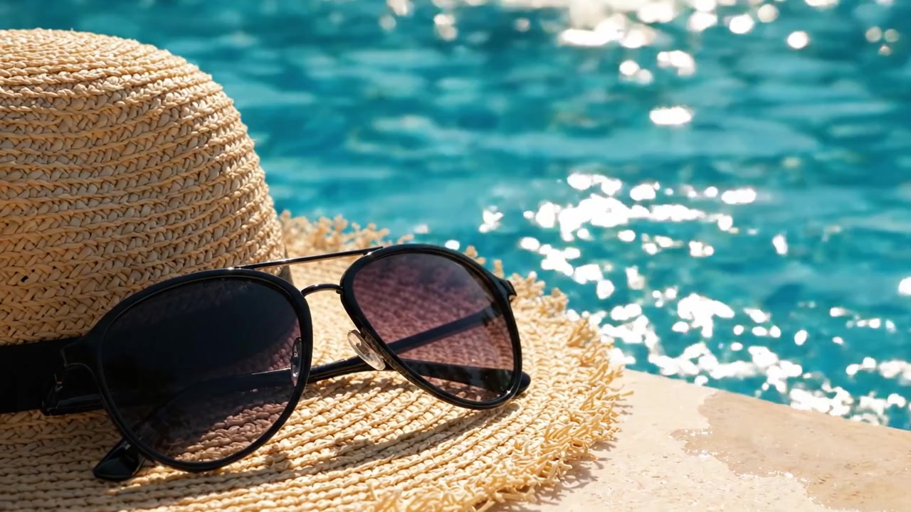 A Relaxing Summer Day by the Poolside Featuring Sunglasses and a Straw Hat, Perfect for Enjoying the Sun and Water on a Warm Sunny Afternoon