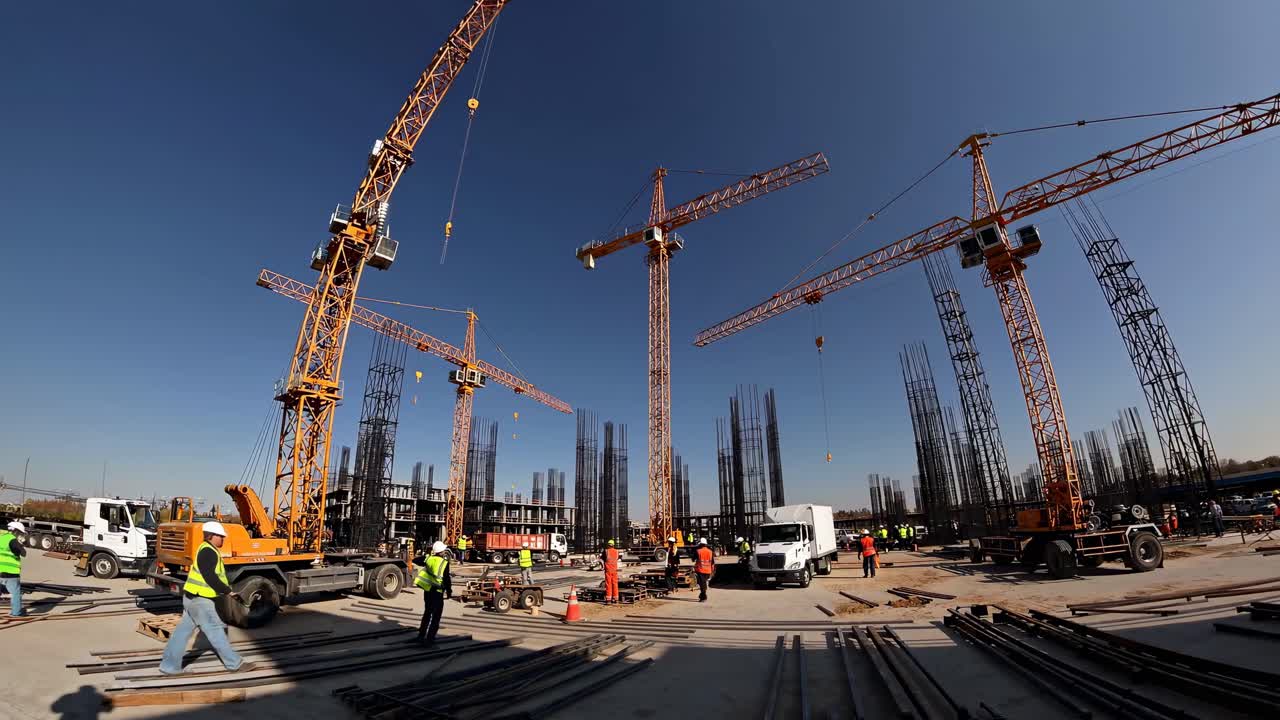 Video grandangolare che riprende un vivace cantiere edile con gru imponenti e operai