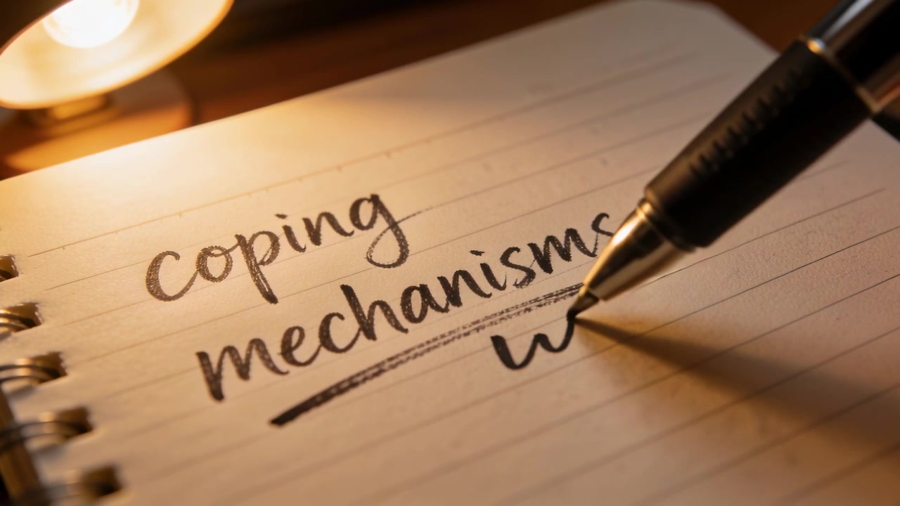 Pen tip approaching, hand underlining coping mechanisms with pen on spiral pad, warm lamp glowing