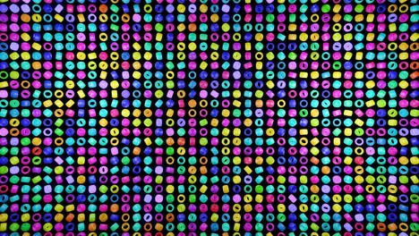 fondo festivo abstracto con filas de toros o anillos en el plano parpadeando luz de neón multicolor al azar. anillos negros girando en el aire. bucle hermoso bg en 4k. animación de movimiento suave
