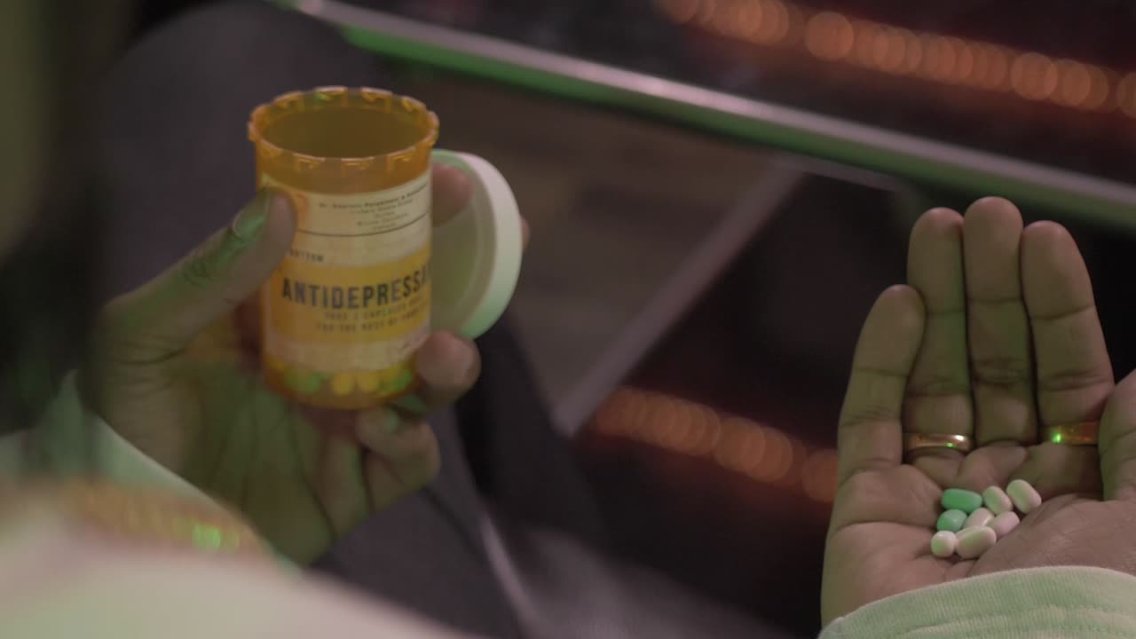 A man pours a large amount of pills from a bottle labled "ANTIDEPRESSANT" into his hand before ingesting them.