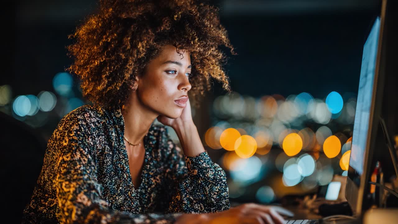 Focused Woman Working Late at Night with Computer in a Studio, Surrounded by Urban City Lights and a Blurred Background Creating a Cozy Atmosphere