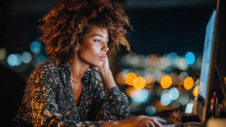 Focused Woman Working Late at Night with Computer in a Studio, Surrounded by Urban City Lights and a Blurred Background Creating a Cozy Atmosphere