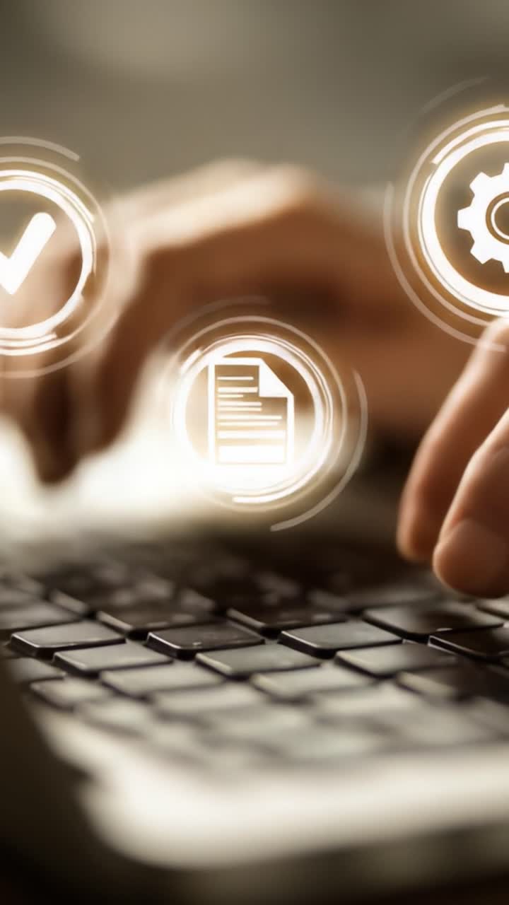 Focalizzato sull'innovazione digitale: primo piano di mani che digitano su una tastiera circondate da icone simboliche che rappresentano flusso di lavoro, verifica e gestione dei file