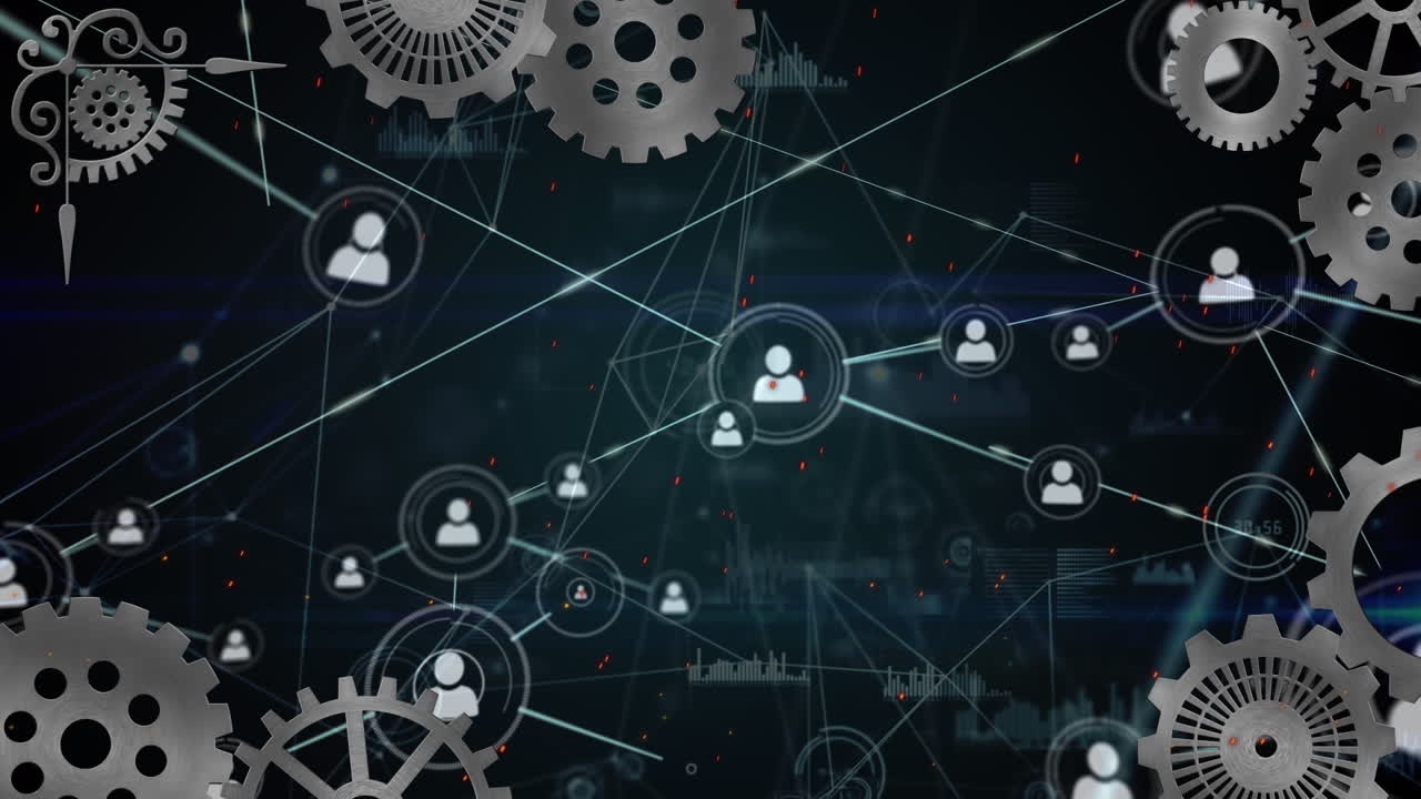 animación de engranajes girando y red de conexiones con iconos de personas