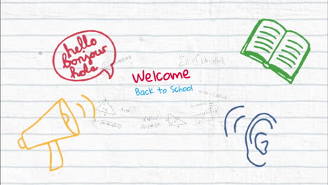 animation of back to school text over school items icons