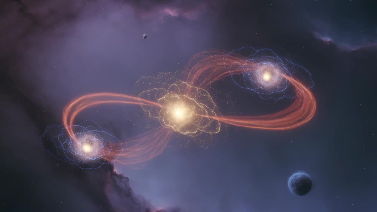 Emitting sparks golden core sending red ribbons linking two nodes and powering system in deep space