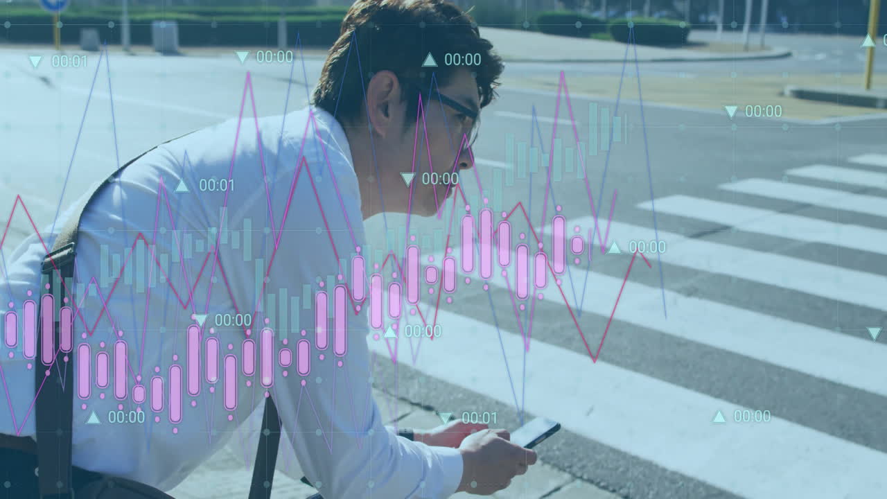 Animation of financial data processing over asian man using smartphone on street