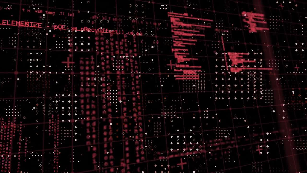 animación del procesamiento de datos a través de la red de cuadrícula contra el patrón de puntos de filas en fondo negro.