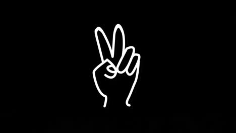 animation of neon peace sign hand, over black background