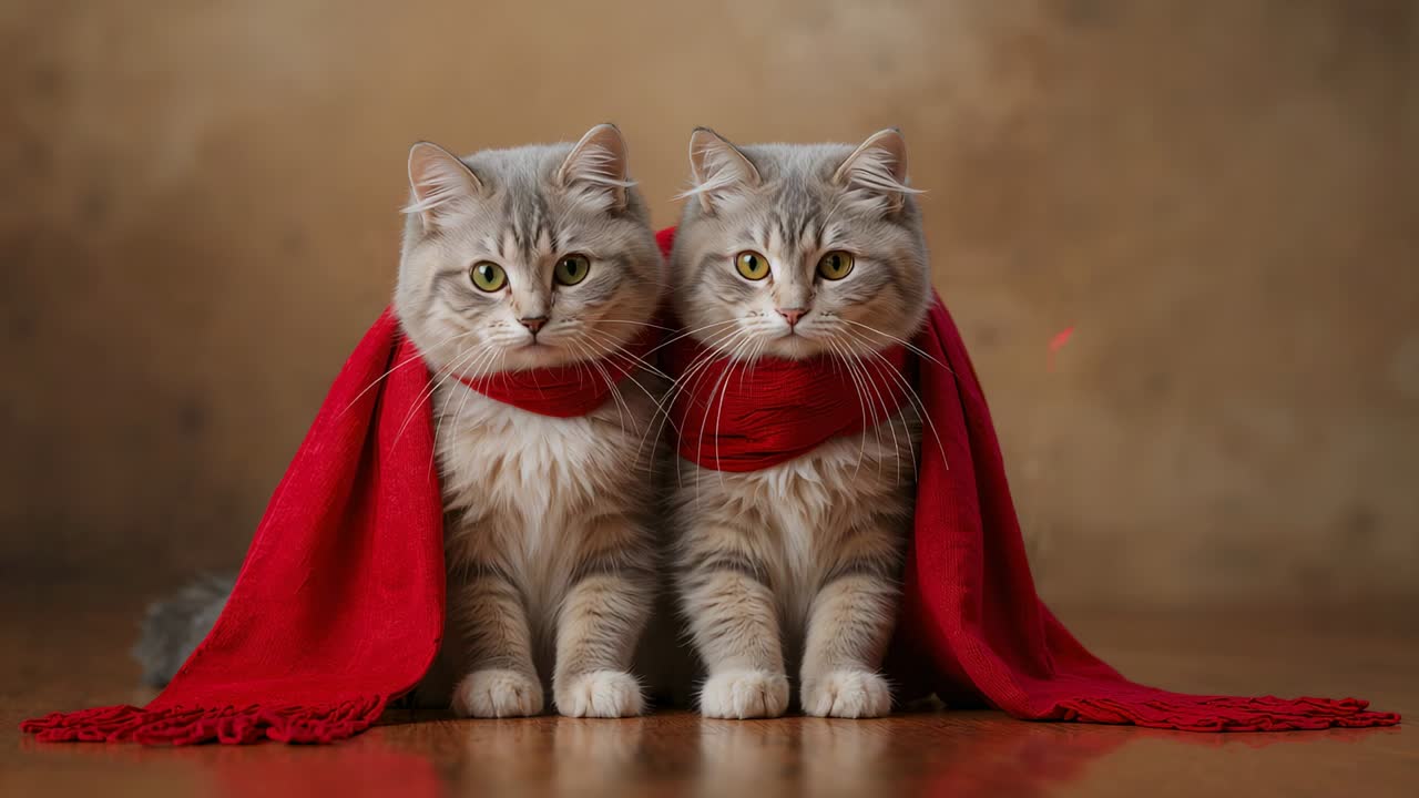 Posing two gray tabby cats sharing red scarf on wooden floor for studio portrait, blinking slightly