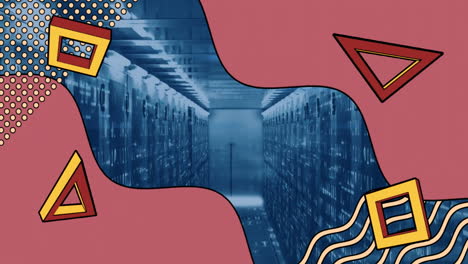 Animation of abstract shapes framing futuristic data center with blue lighting