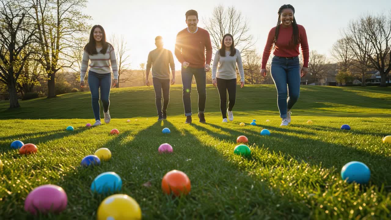 A Group of Friends Enjoying a Bright Spring Day While Collecting Colorful Easter Eggs in a Sunny Park Setting with Long Shadows and Lush Green Grass