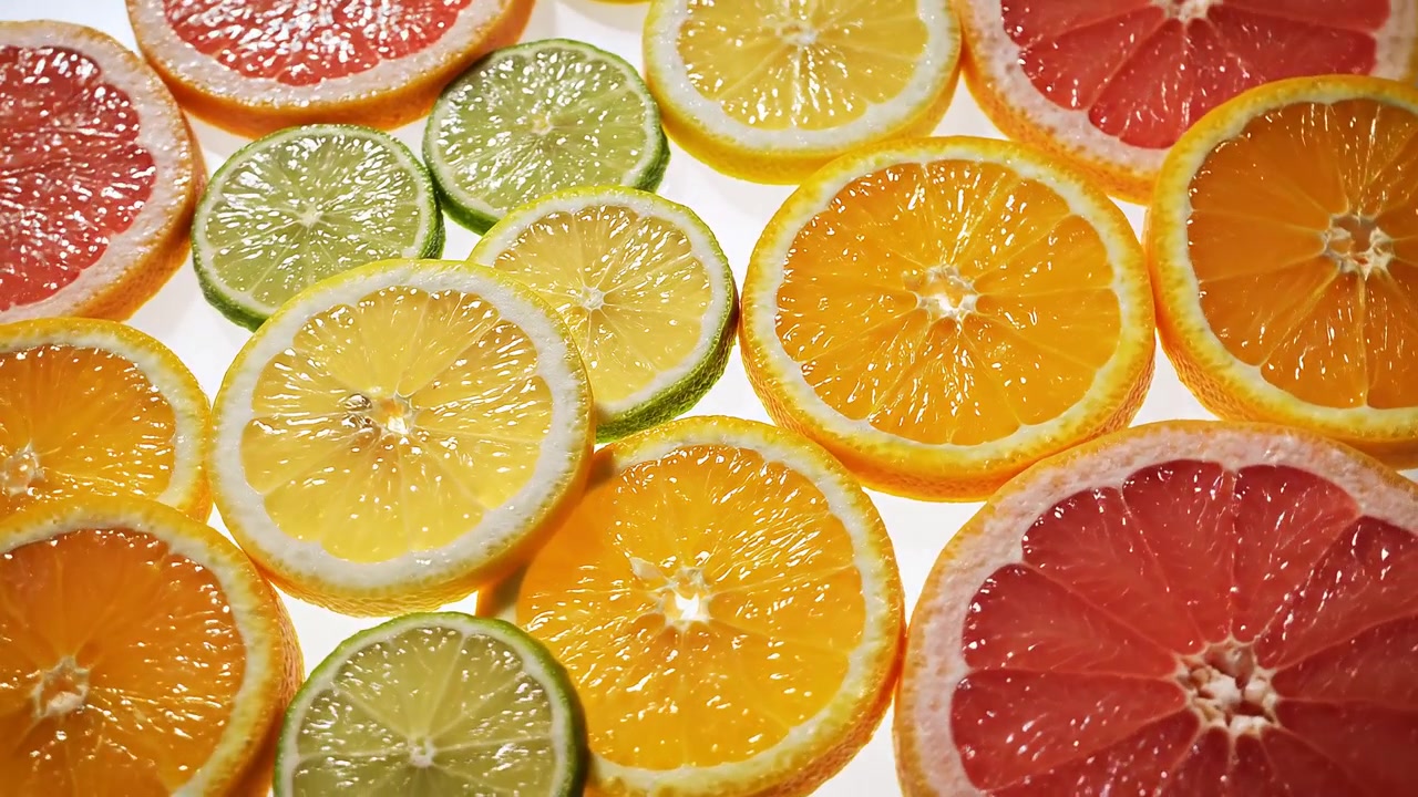Taze dilimlenmiş limonlar, misket limonları, portakallar ve greyfurtların kompozisyonu.