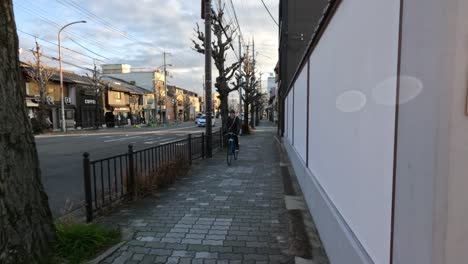 person on bicycle traverses a city sidewalk