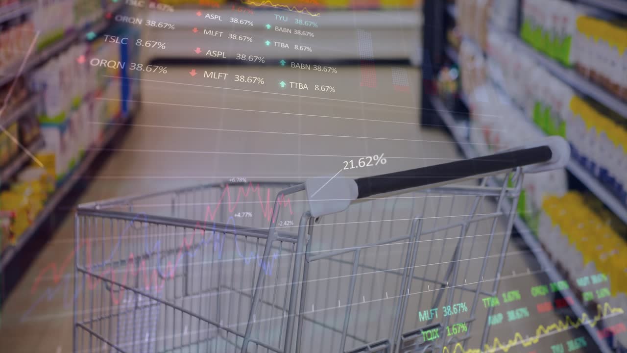 Metal cart staying centered while data overlay growing from faint streaks, showing sales trends
