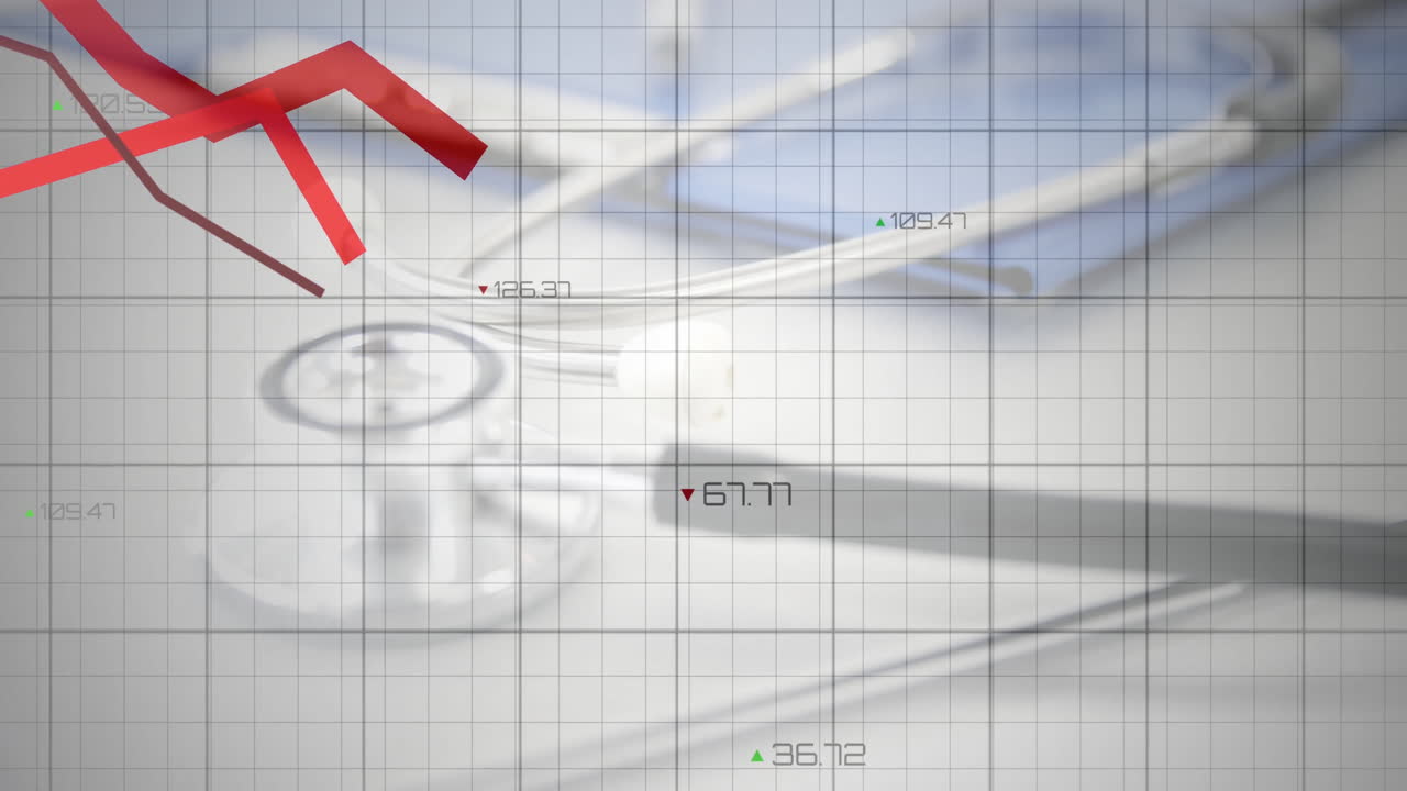 Medical stethoscope being visualized in flat grid design, highlighting red arrow graphs and numbers