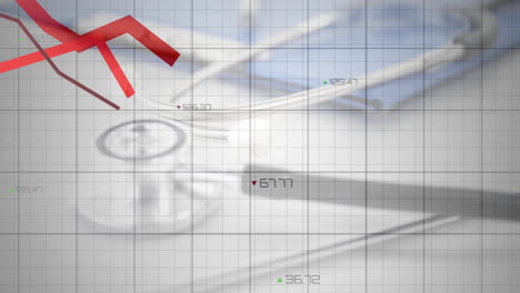 medical stethoscope being visualized in flat grid design, highlighting red arrow graphs and numbers