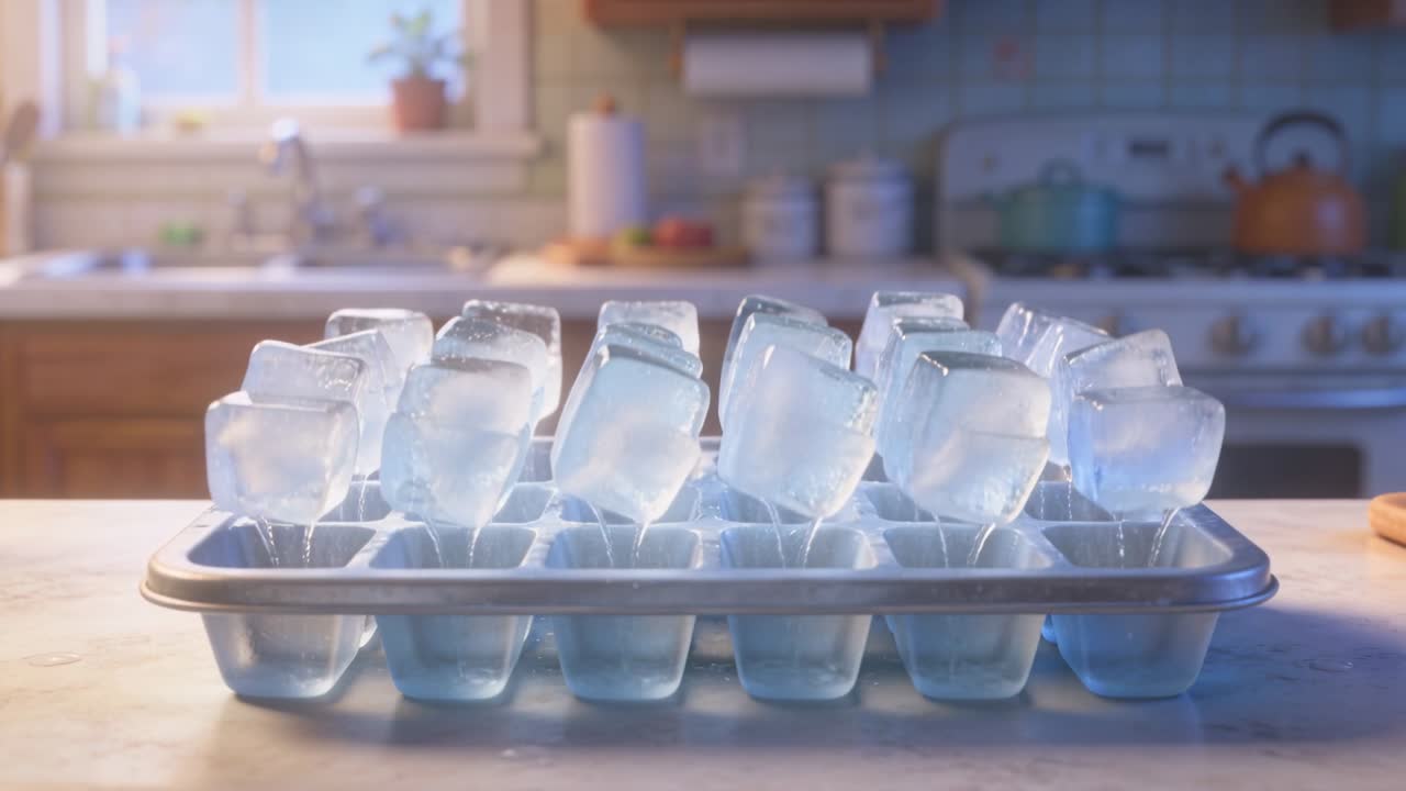 Klare Eiswürfel werden von der Küchenarbeitsplatte aus einer Eiswürfelform gehoben und steigen auf, während sie in der Sonne schmelzen.