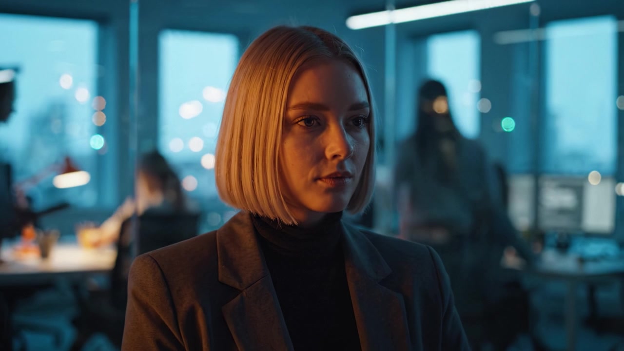 Una professionista introspettiva in un ambiente d'ufficio durante le ore del crepuscolo, che cattura l'essenza della concentrazione e della determinazione in uno spazio di lavoro moderno.