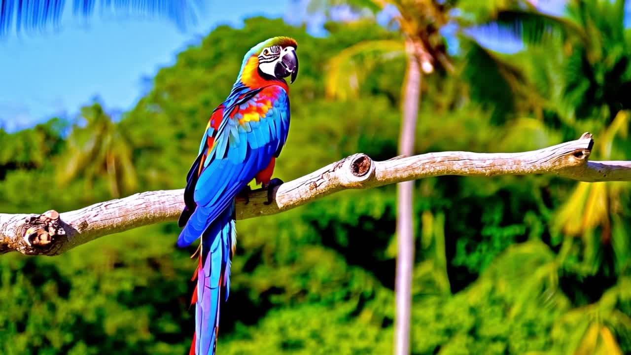 A colorful macaw perched on a branch in a tropical setting