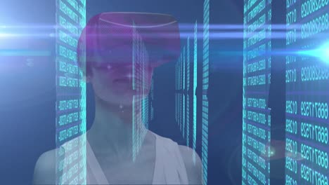 animation of caucasian woman with vr headset over binary coding