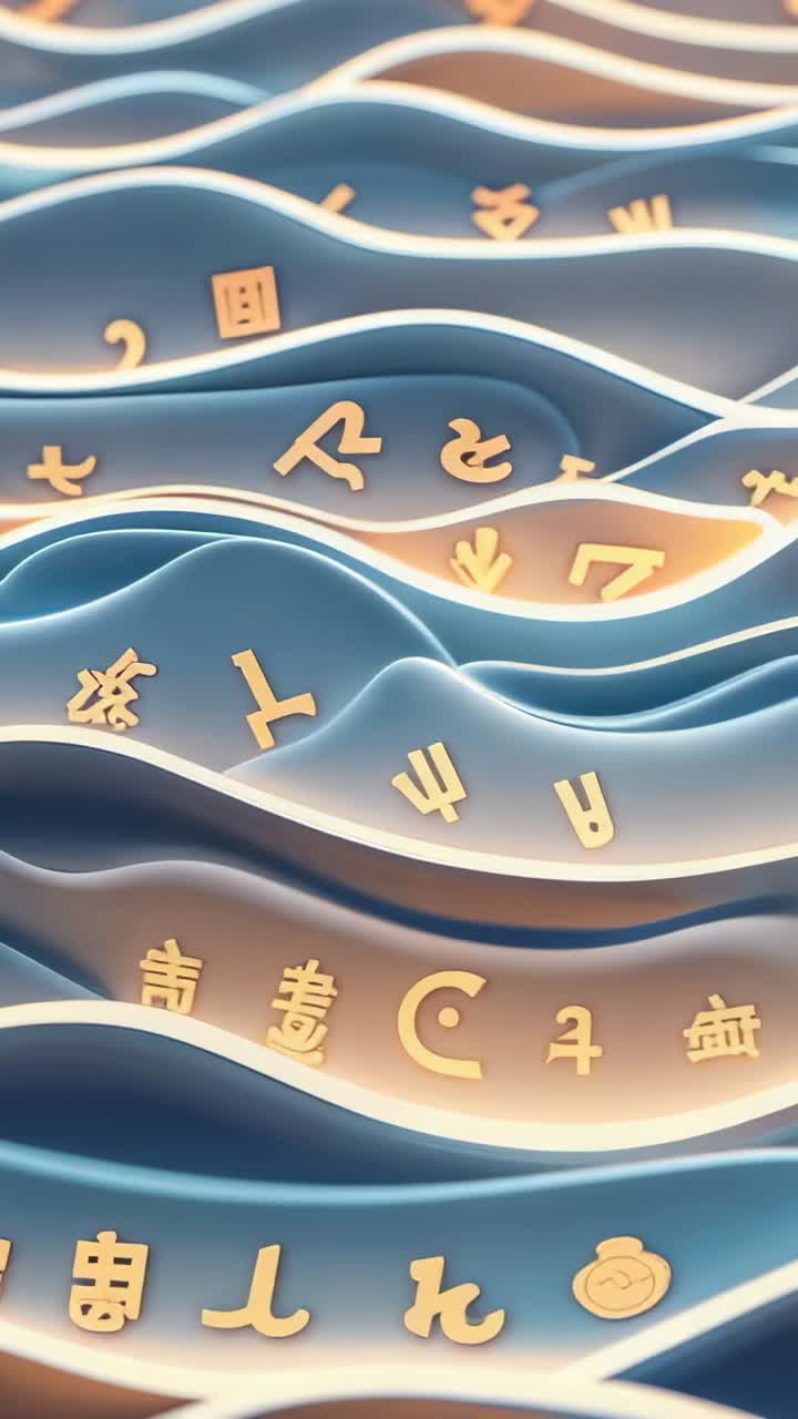 Vertical video: At start, shifting blue ribbons revealing golden glyphs in abstract field backlit
