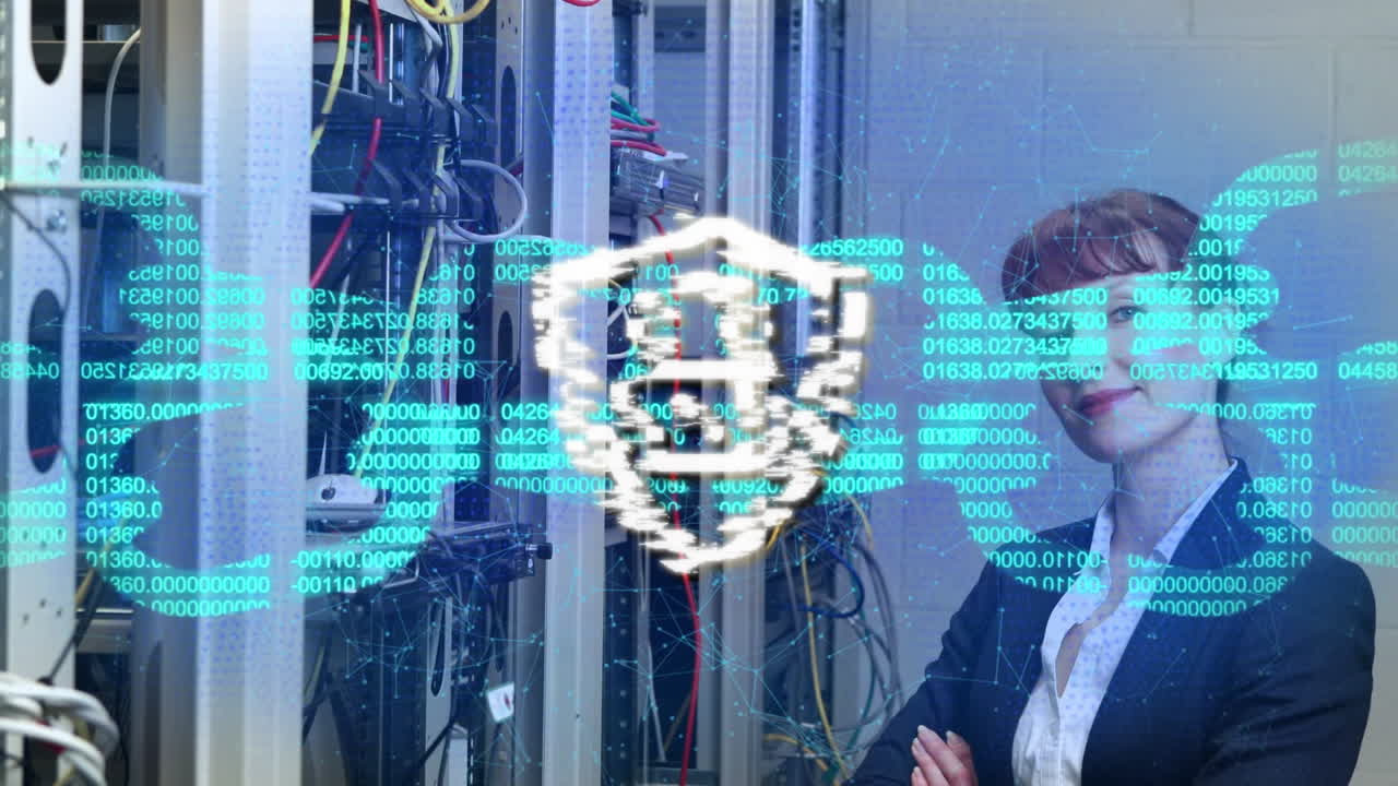 Animation of padlock and data chain over caucasian woman working in computer server room