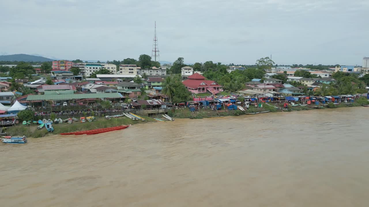 Foggy Morning Beautiful Drone View Of Sri Aman Town At Batang Lupar River, During Regatta And Pesta Benak,Sarawak, Borneo.