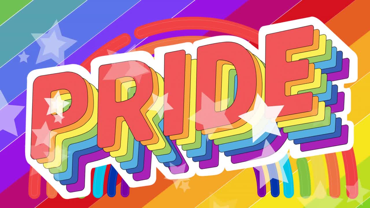 animación de estrellas sobre el texto del orgullo en el fondo del arco iris
