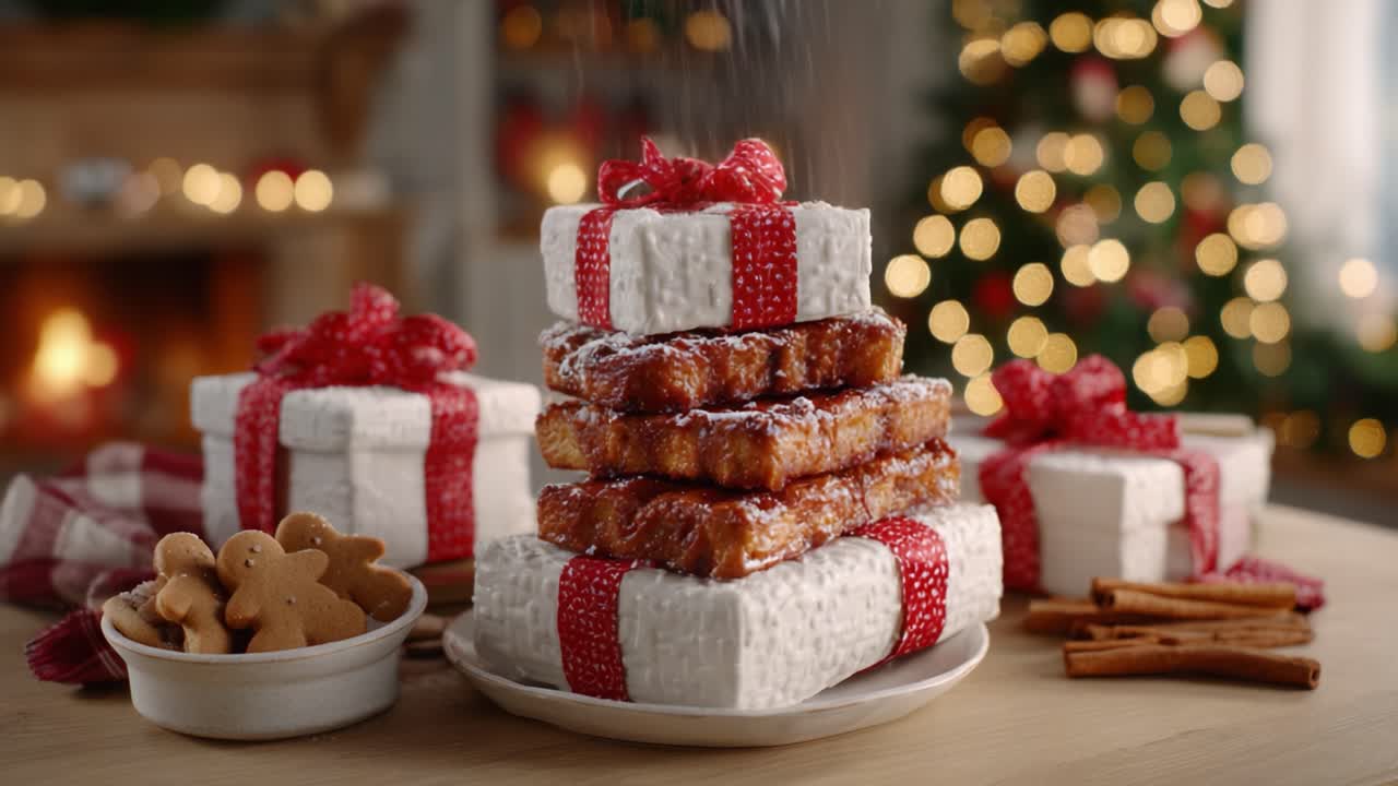 Eine festliche Anordnung köstlicher Leckereien und Geschenke, die dekorative Verpackungen und festliche Kekse inmitten einer gemütlichen Weihnachtsatmosphäre zeigt