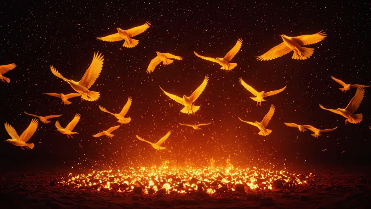 A mesmerizing display of ethereal birds soaring above a glowing lava-like surface, surrounded by fiery particles in a mystifying and enchanting atmosphere