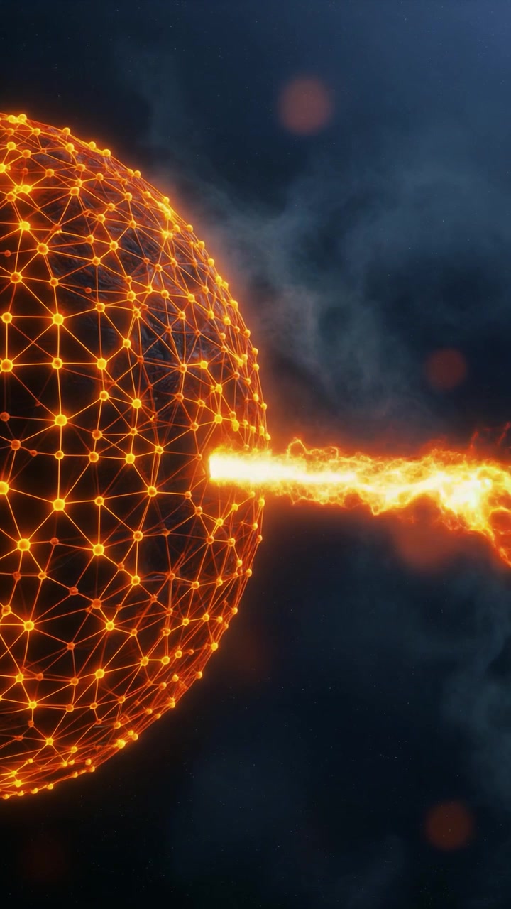 Esfera digital luminosa emitiendo un rayo de fuego en el espacio