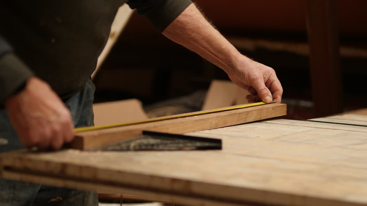 Building a boat, a carpenter at work takes precise measurements of wood