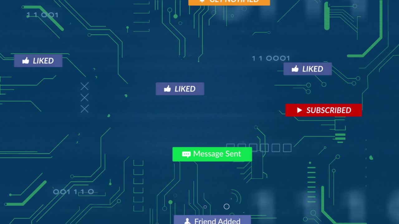 Cursors clicking UI buttons, causing notification badges floating fading representing engagement