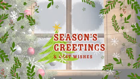 animation of season's greetings text over leaves, christmas tree and window