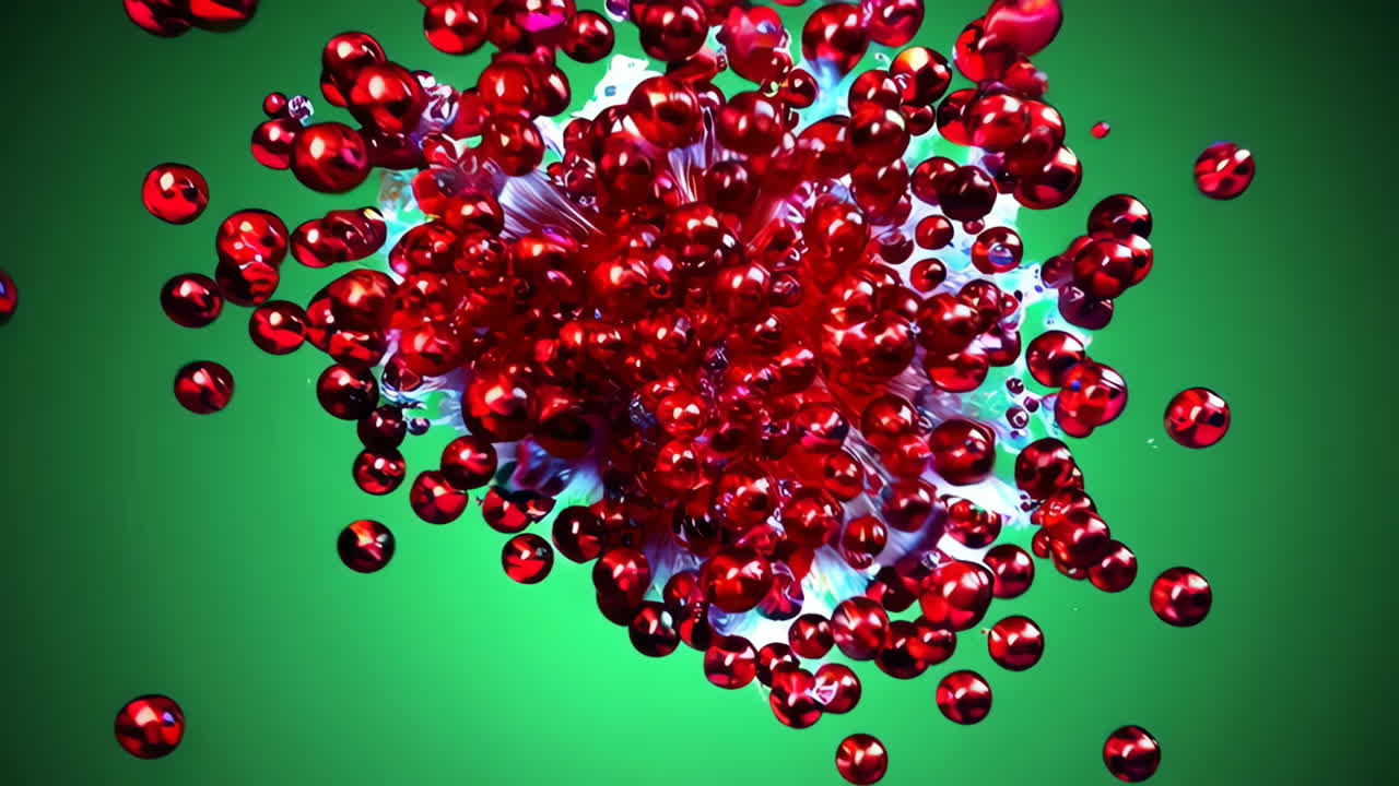 Red Spheres in Motion on Green Background