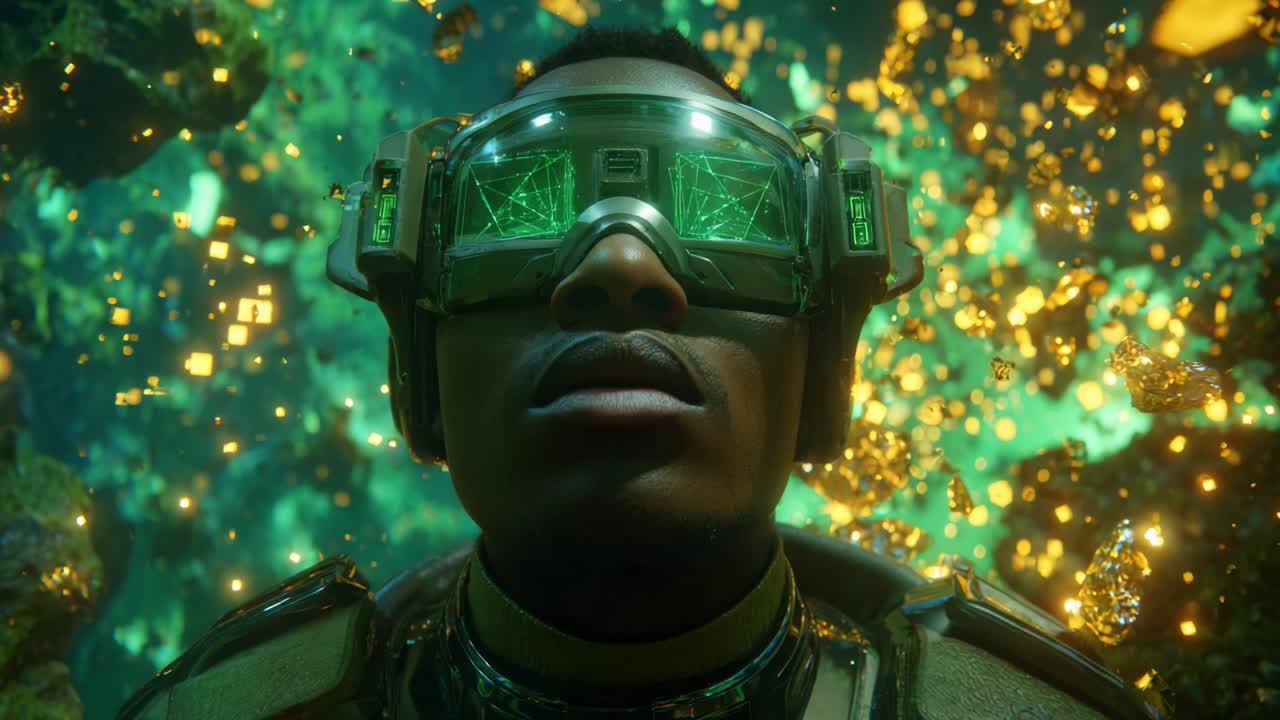 An immersive experience unfolds with a close-up view of a futuristic individual wearing high-tech goggles, surrounded by dazzling green particles and a vibrant underwater environment, capturing the essence of advanced technology