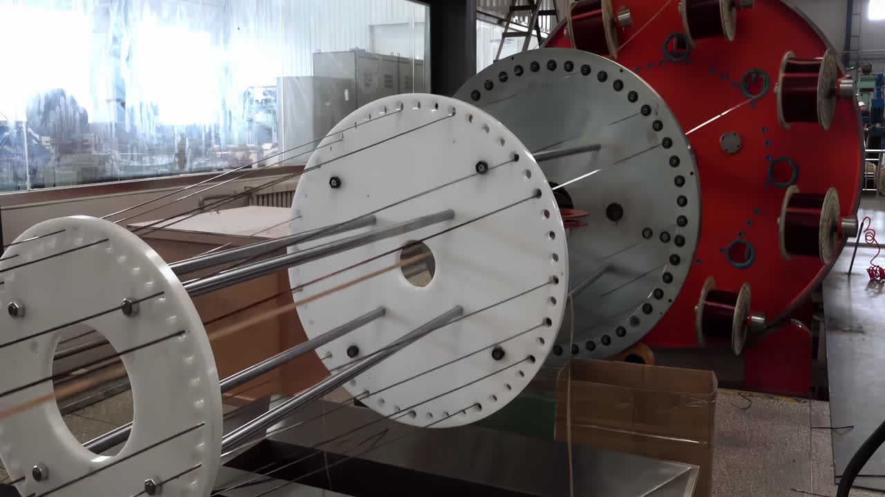 Inside manufacturing facility setting Industrial Electric Copper Wire Spools Cable Coil manufacturing process Precision, Automation for electrical Components and Cables equipment Production