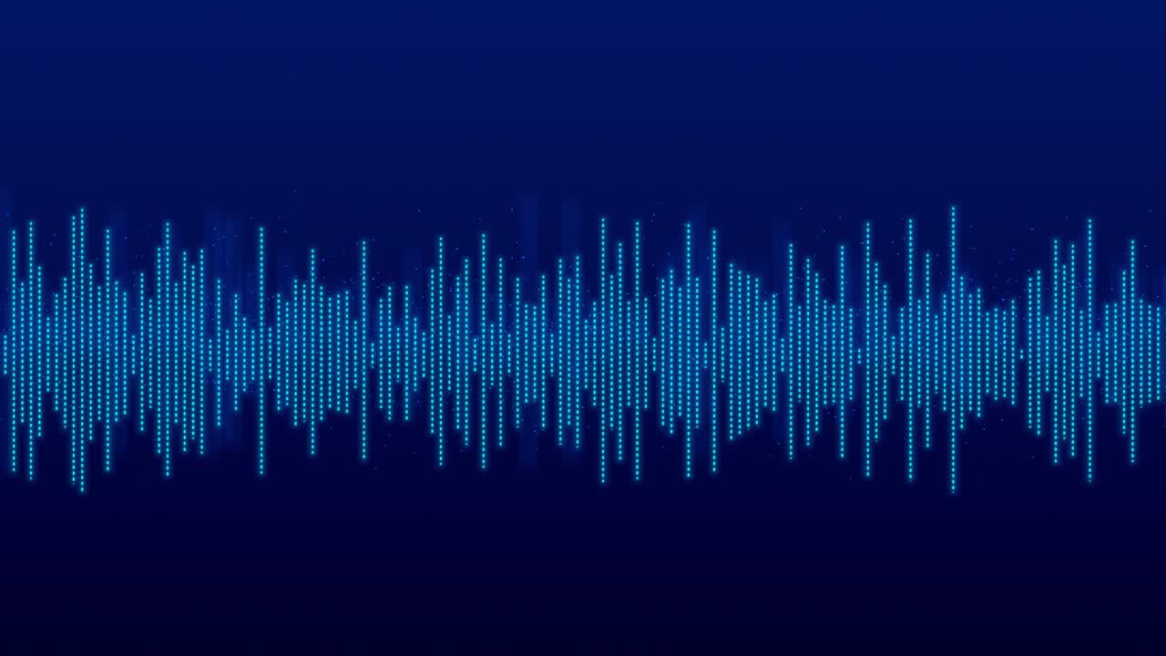 Animated visual digital audio waves rhythmically across deep blue background glowing bars dynamic