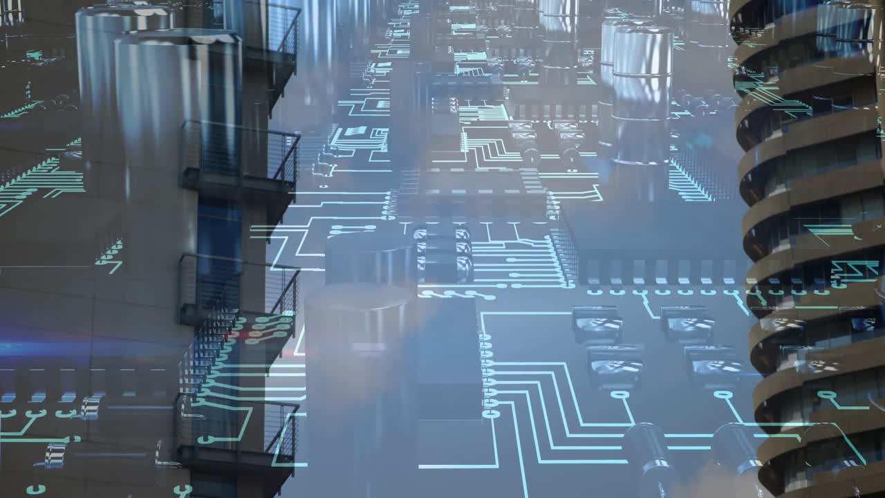 animación del procesamiento de datos en una placa de circuito de computadora sobre edificios de oficinas modernos