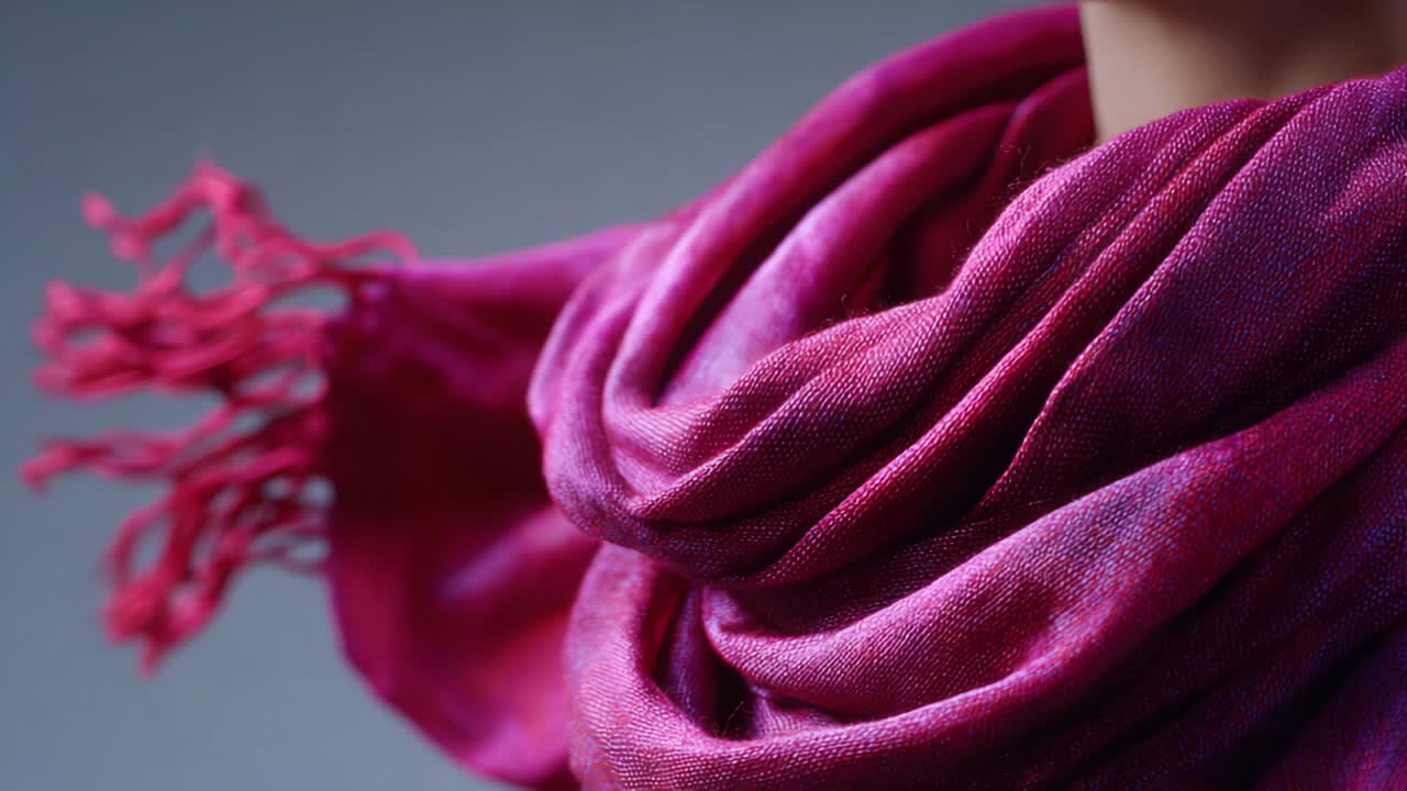 Elegant Pink Scarf Draped Gracefully Around a Mannequin's Neck, Showcasing a Soft Fabric Texture with Fringed Edges Against a Subtle Gray Background, Perfect for Fashion Accessories and Styling Inspiration